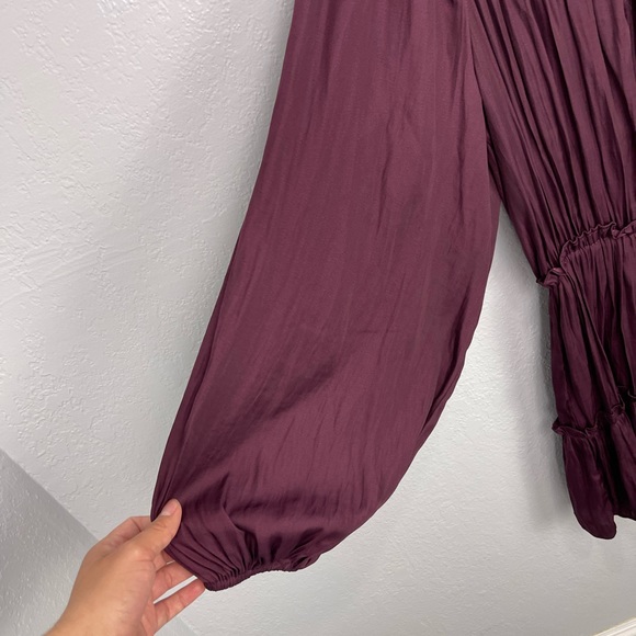 Mustard Seed Wine Satin Elastic Waist Ruffles Tiered Mini Dress Satin - Picture 5 of 9